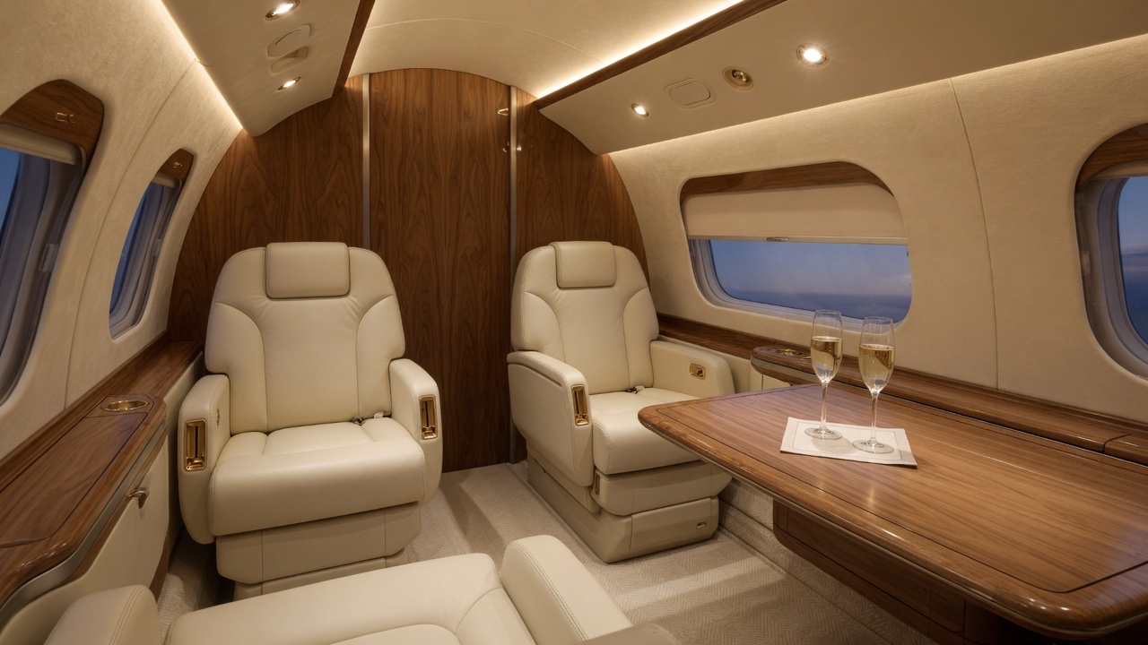 Light jet cabin interior with club seating